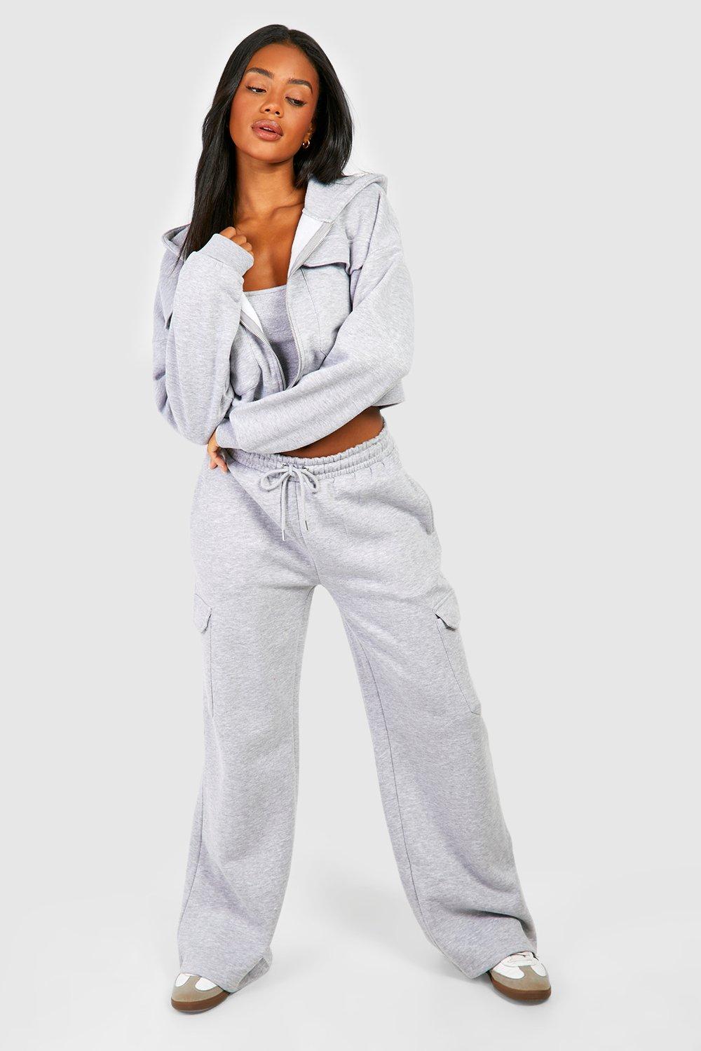 boohoo Cargo Pocket Cropped Hoodie Straight Leg Tracksuit Grey Size S